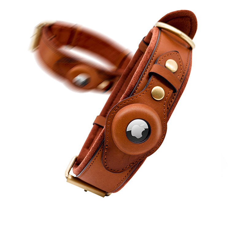 Leather dog collar with AirTag holder